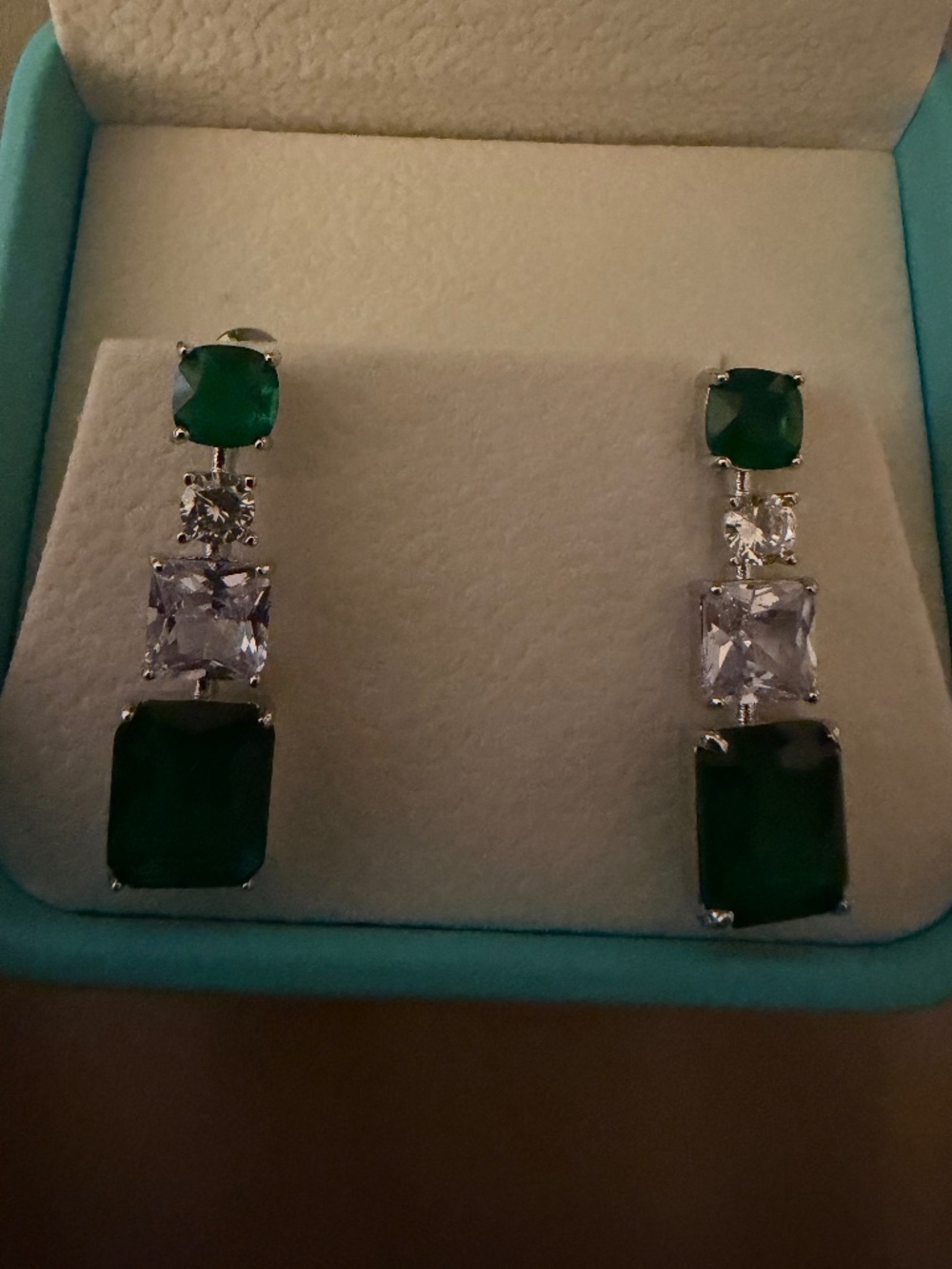 Emerald, White Topaz, and White Sapphire Earrings: 14kt White Gold/Silver